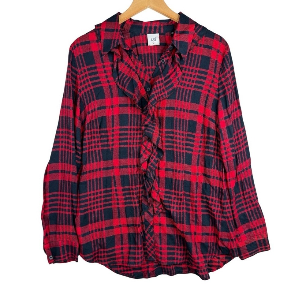 Cabi The Lodge Plaid Ruffle Hem Long Sleeve Shirt size Medium Black/Red